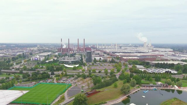 Wolfsburg, Germany: Aerial view of industrial city in Lower Saxony - landscape panorama of Europe from above