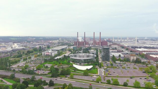 Wolfsburg, Germany: Aerial view of industrial city in Lower Saxony - landscape panorama of Europe from above