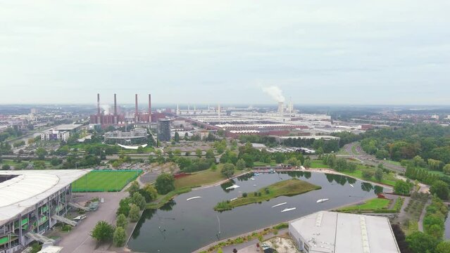 Wolfsburg, Germany: Aerial view of industrial city in Lower Saxony - landscape panorama of Europe from above