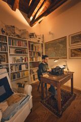 A writer typing on his typewriter in his vintage studio. The atmosphere and the mood are warm, classic, a bit retro.