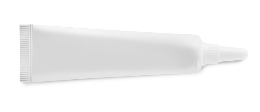 Blank tube of cosmetic product on white background, top view