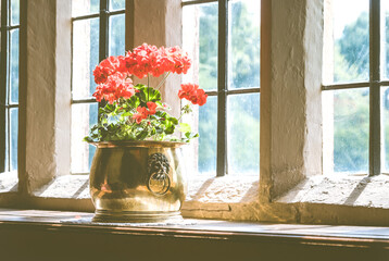 Coal scuttle being innovatively used as a flower vase at Canons Ashby National Trust