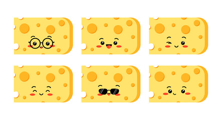 Cute cheese character with hole slices vector set isolated on white background. Flat design cartoon style kawaii pieces of yellow cheese illustration. Happy, wink, organic milk food mascot.