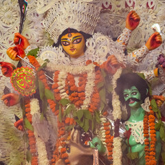 Goddess Durga with traditional look in close up view at a South Kolkata Durga Puja, Durga Puja...
