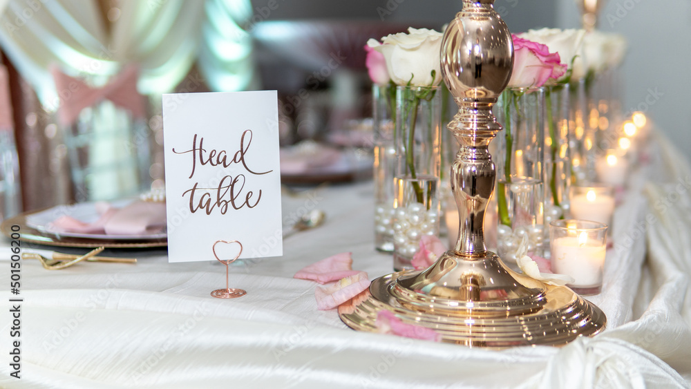 Wall mural set table for a wedding ceremony with decorations of candles and flowers with a head table sign