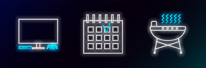 Set line Barbecue grill, Video game console and Detailed calendar icon. Glowing neon. Vector © Oksana
