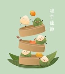 Happy Dragon Boat Festival Zongzi, playful and cute mascot cartoon characters, Chinese translation: Dragon Boat Festival