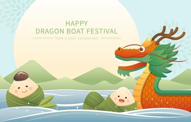 Poster and elements for Dragon Boat Festival, Zongzi's playful and cute mascot cartoon character and poster of dragon boat