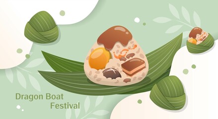 Chinese traditional festival: horizontal poster of zongzi for Dragon Boat Festival with clouds and green background