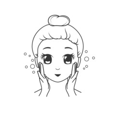 Kawaii smiling girl washes her face. Black and white vector illustration isolated on white background