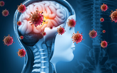 Brain viral infection, Viral meningitis and encephalitis. 3d illustration - obrazy, fototapety, plakaty