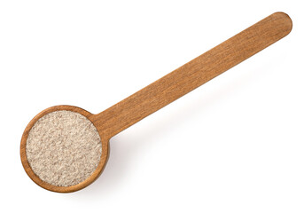 Raw rye flour in the wooden spoon, isolated on white background, top view