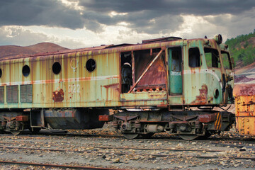 Fototapeta na wymiar Old rusty abandoned train, greenish in color on some train rail, in the mines of riotinto
