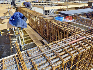 Closeup of reinforced concrete beams in a construction site