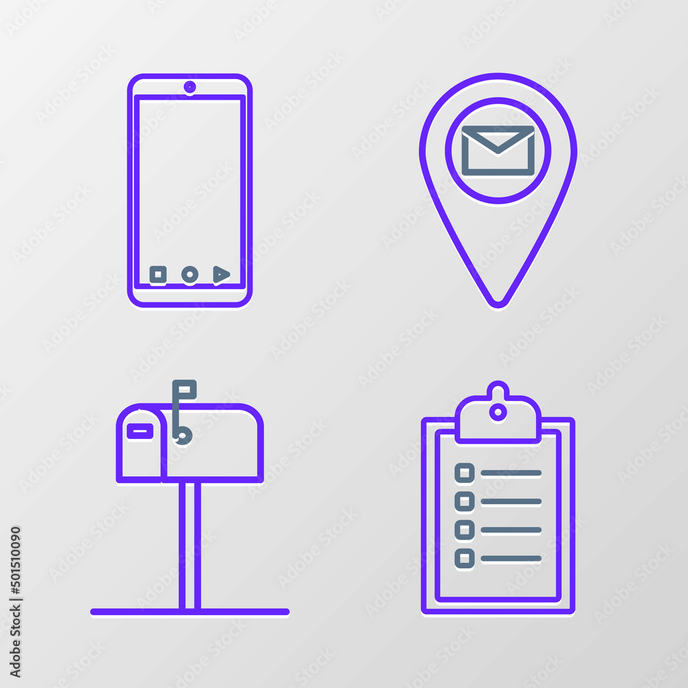 Poster set line verification of delivery list clipboard, open mail box, placeholder map paper and mobile ph