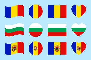 Romania, Bulgaria, Moldova flag vector illustration. Romanian, Bulgarian, Moldovian states official flags symbols set. Can use for travel, patriotic, sports pages designs. geometric shapes icons.