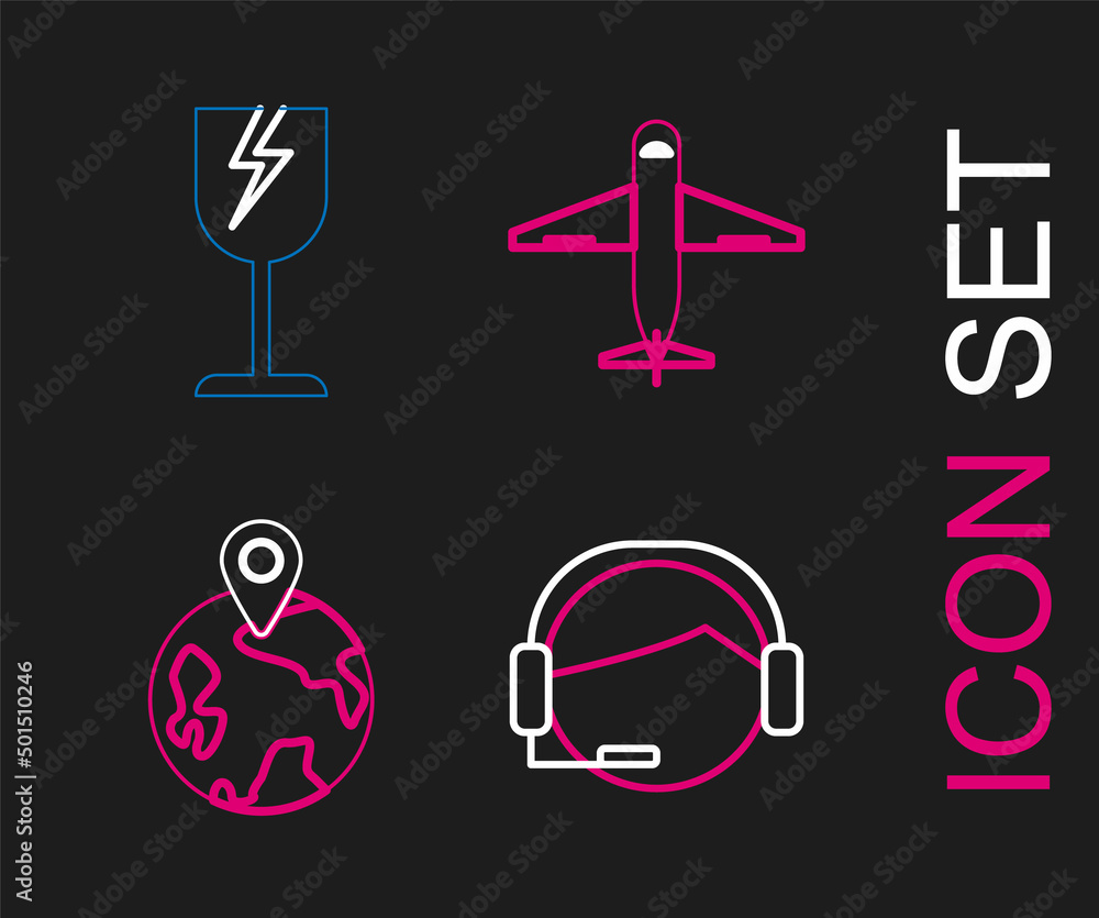 Poster set line support operator in touch, worldwide, plane and fragile broken glass symbol icon. vector
