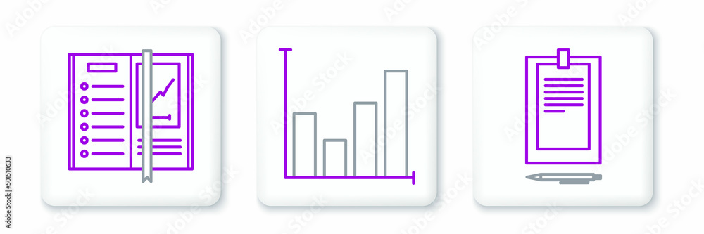 Aufkleber set line clipboard with document, notebook and pie chart infographic icon. vector