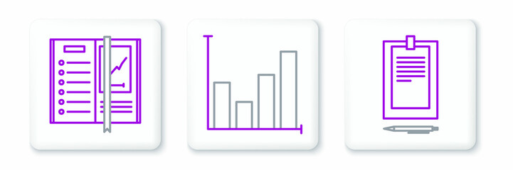 Set line Clipboard with document, Notebook and Pie chart infographic icon. Vector