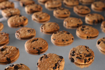 Many delicious cookies on production line, closeup