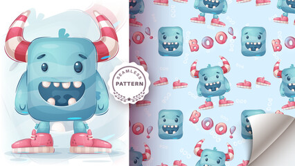 Cute funny monster - seamless pattern