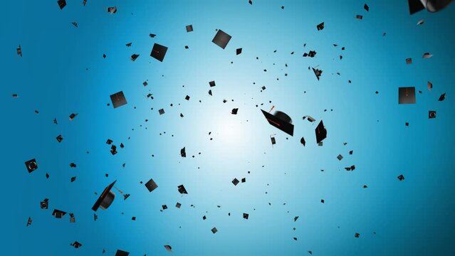 Animation of graduation college university hats being thrown in the air loop Backgrounds. Graduation, education and schooling concep. studies at school or university. education, development learning