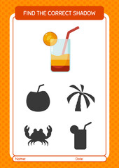 Find the correct shadows game with cocktail. worksheet for preschool kids, kids activity sheet