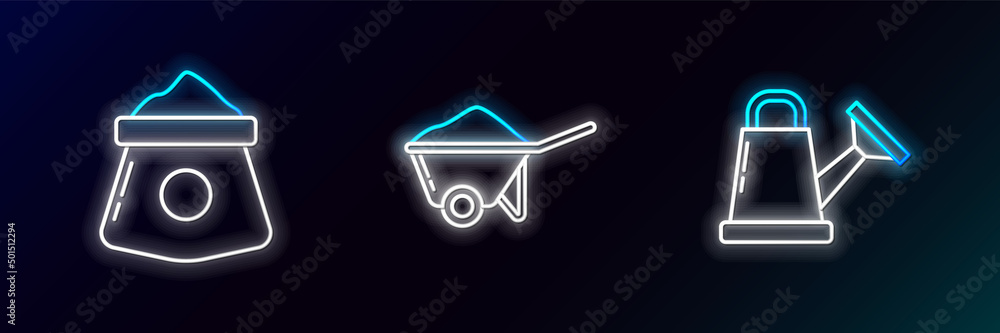 Sticker set line watering can, bag of flour and wheelbarrow with dirt icon. glowing neon. vector