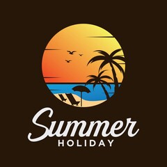 Naklejka premium Vector illustration of summer vacation on the beach logo family vacation on the beach logo surfing