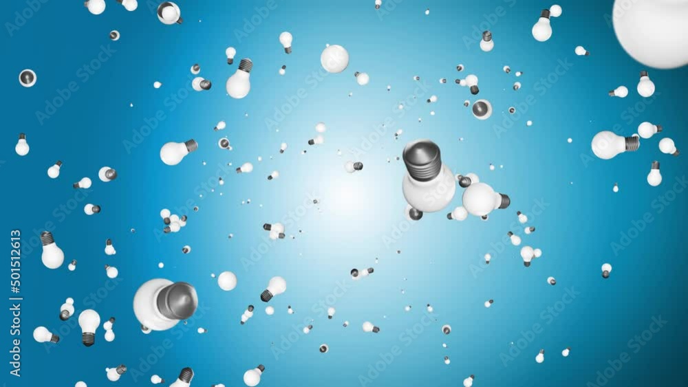 Poster 4k 3d animation of multiple falling light bulbs on green loop background. business innovation and wo