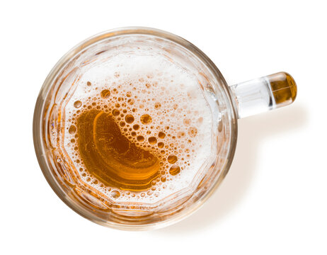 Beer mug with beer isolated on white background, top view