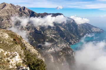 Panoramic view from Monte Comune on cloud covered peaks of Monte Molare, Canino, Caldare, Lattari...