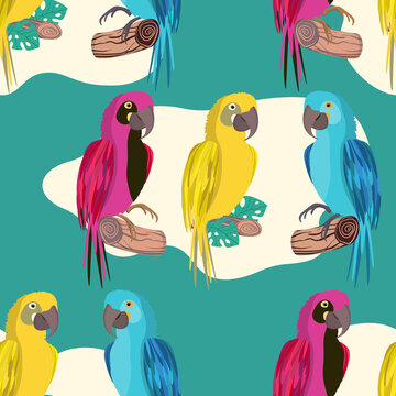 Seamless pattern with cute cartoon parrot bird on branch. Vector illustration for wallpaper, fabric, textile. Summer exotic print. Tropical parrot with floral monstera leaves