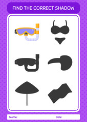 Find the correct shadows game with swimming goggles. worksheet for preschool kids, kids activity sheet