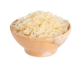 Bowl of tasty sauerkraut on white background