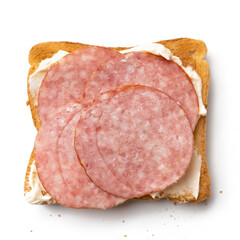 Open faced sandwich with salami and soft cheese isolated on white background closeup. top view. flat lay. Appetizing Appetizer