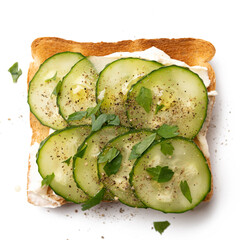 Square toast with fresh cucumber and feta cheese, black pepper, parsley, olive oil healthy food,...