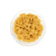 bowl of farfalle pasta on white background, top view