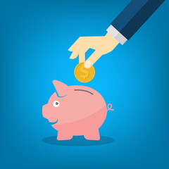 Piggy bank. Hand putting coin a Piggy bank money,  deposit banking account and savings concept of growth. Vector illustration.