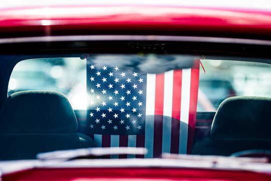 United States Flag Inside Red Pickup Antique Truck Nearside Mirror