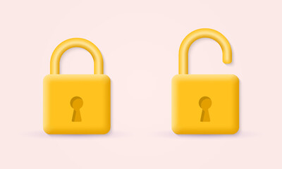 Lock 3d icon. Closed and open Padlock sign. Security, privacy, web safety concept. Vector illustration.