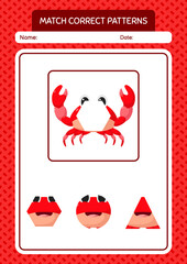 Match pattern game with crab. worksheet for preschool kids, kids activity sheet