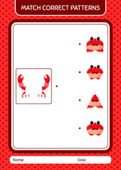 Match pattern game with crab. worksheet for preschool kids, kids activity sheet