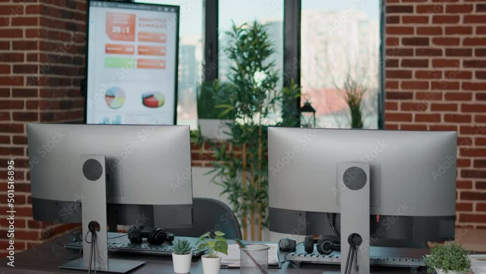 Poster empty desk with computers in customer service office, telecommunication and telework assistance on t