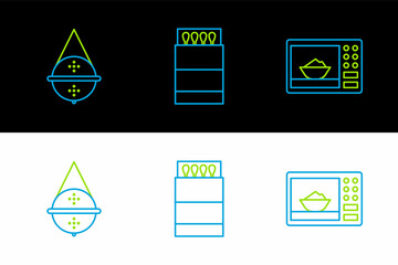 Set line Microwave oven, Ball tea strainer and Open matchbox and matches icon. Vector