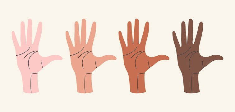 Multi-ethnic and diverse hands raised up isolated on white background. Flat design, hand drawn cartoon, vector.