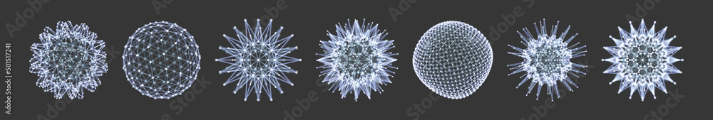 Wall mural spheres formed by many dots or lines. abstract design elements. 3d vector illustration for science, 