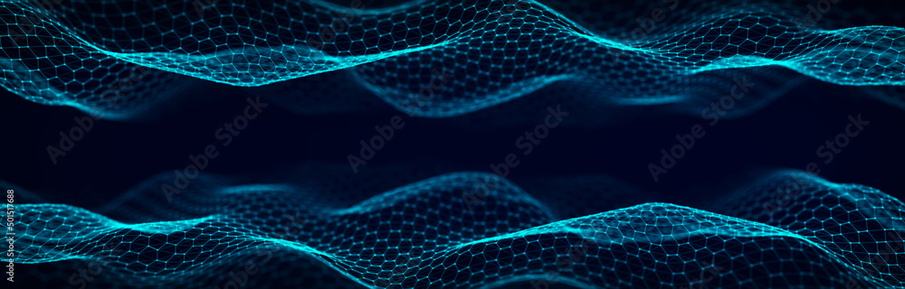 Wall mural Futuristic hexagon wave. Dark cyberspace. Abstract wave with dots and line. White moving particles on background. 3d rendering.