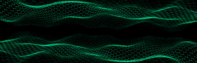 Obraz premium Futuristic hexagon wave. Dark cyberspace. Abstract wave with dots and line. White moving particles on background. 3d rendering.