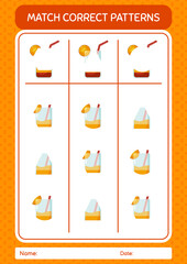 Match pattern game with cocktail. worksheet for preschool kids, kids activity sheet